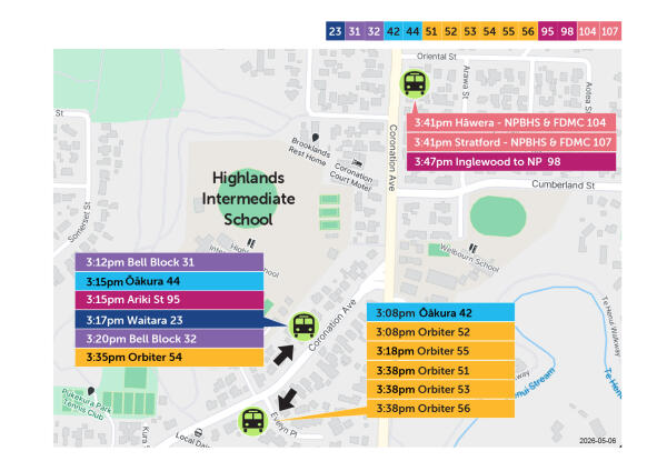 Map of where school buses park after school at Highlands Intermediate