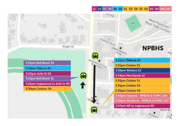 Map of where school buses park after school at  New Plymouth Boys' High School
