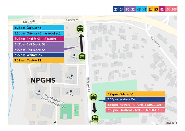 Map of where school buses park after school at  New Plymouth Girls' High School