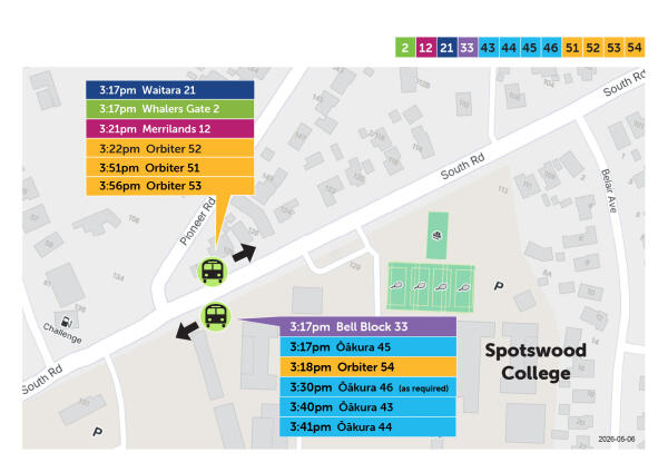 Map of where school buses park after school at Spotswood College