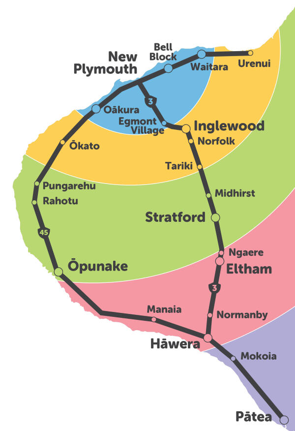 Taranaki map outlining bus fare zones