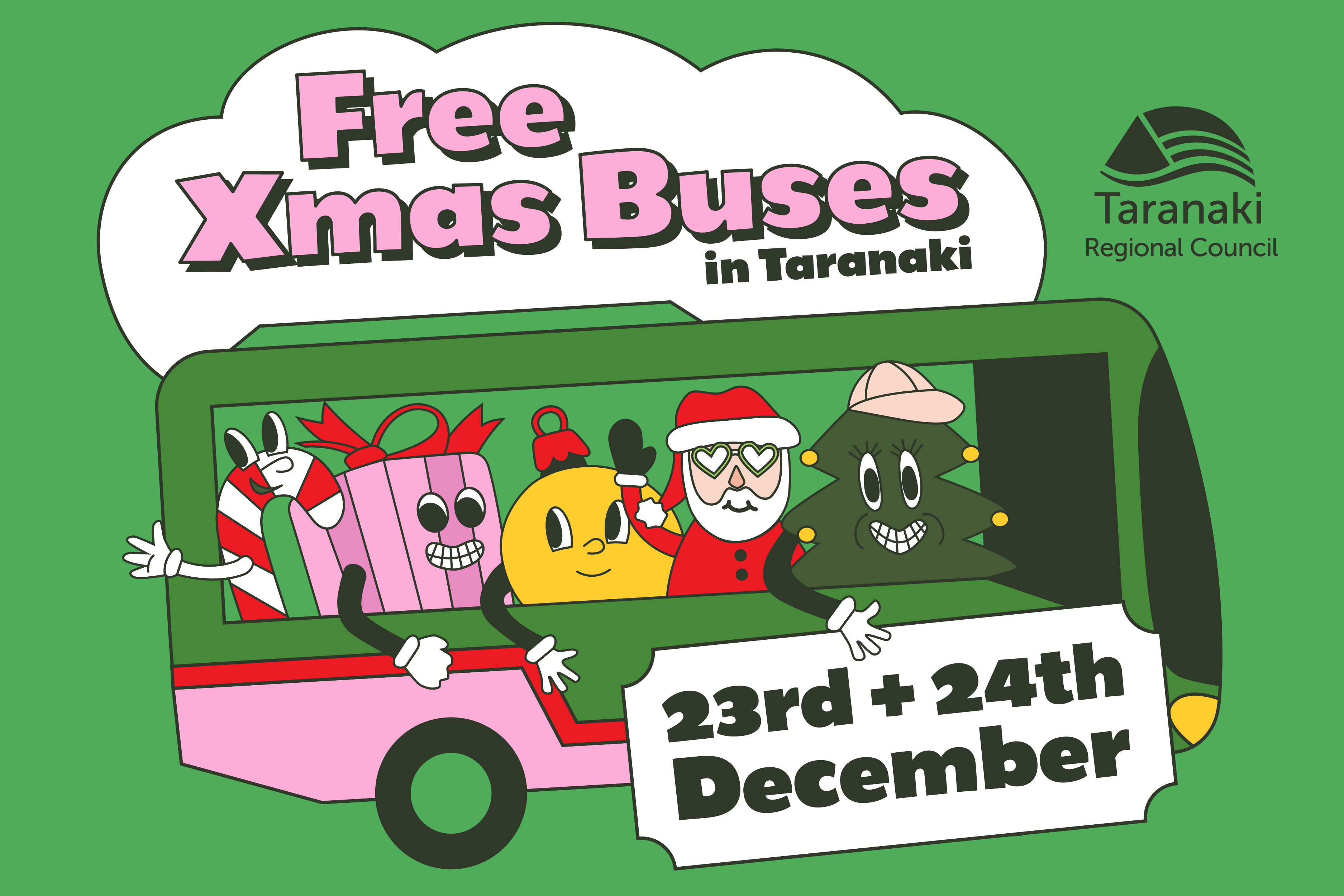 Cartoon image of characters riding the bus dressed in Christmas outfits for a free bus trip