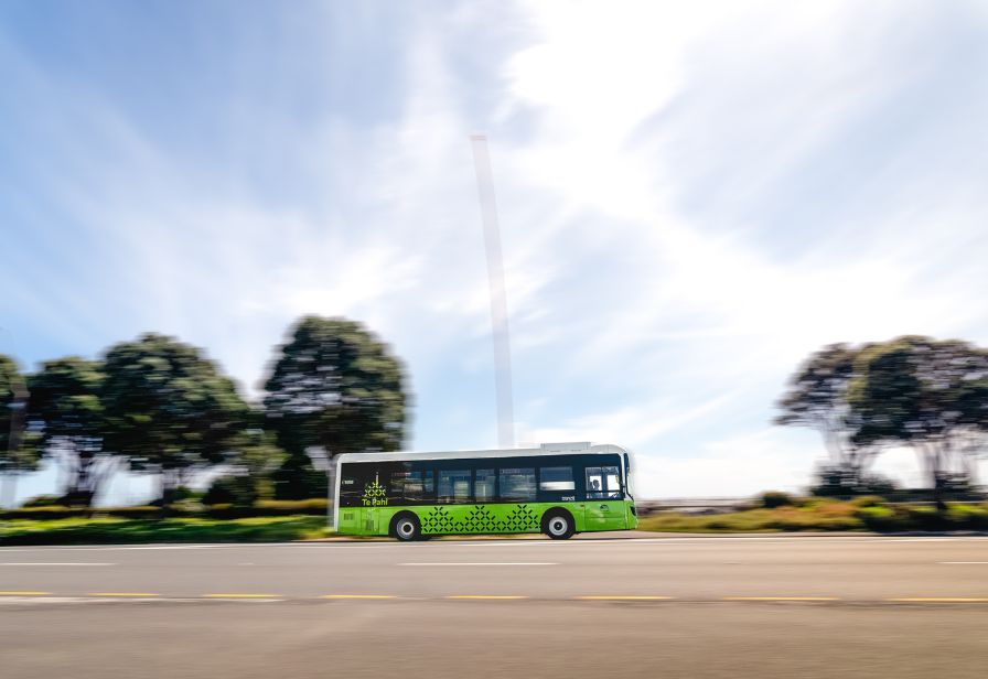 Photo of green bus with Te Pahi Taranaki branding, bus is driving along road