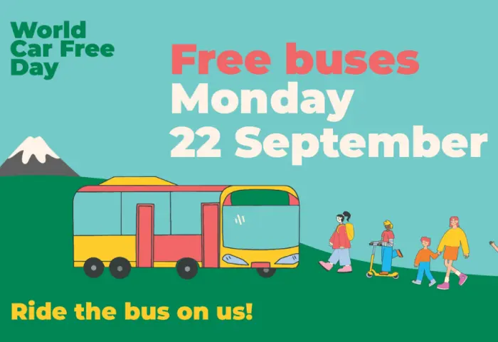 Cartoon image of people walking to the bus