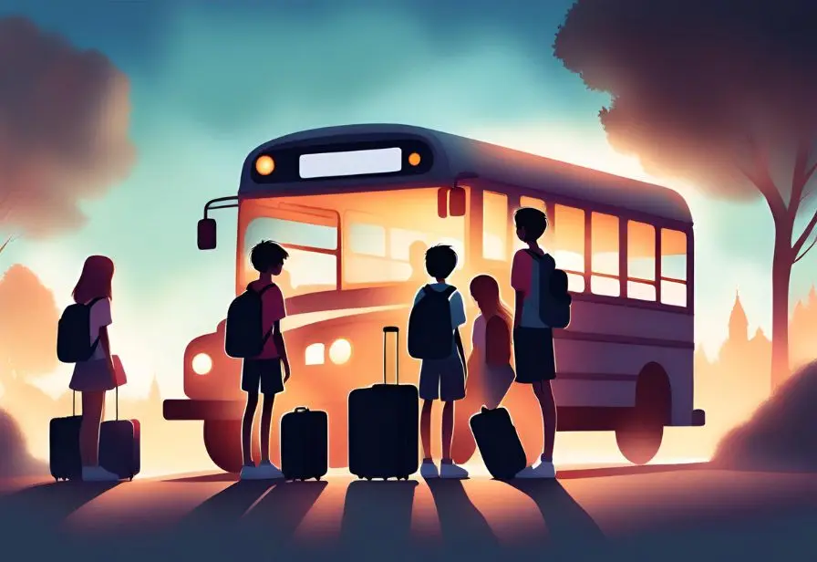 Illustration showing children/teenagers with suitcases standing by school bus