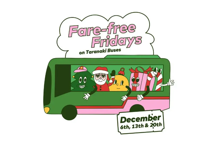 Cartoon image of characters dressed in Christmas clothing on their free bus ride
