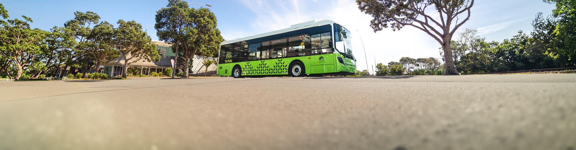 Bright green bus with Te Pahi Taranaki branding on road, surrounded by trees and sunny blue sky