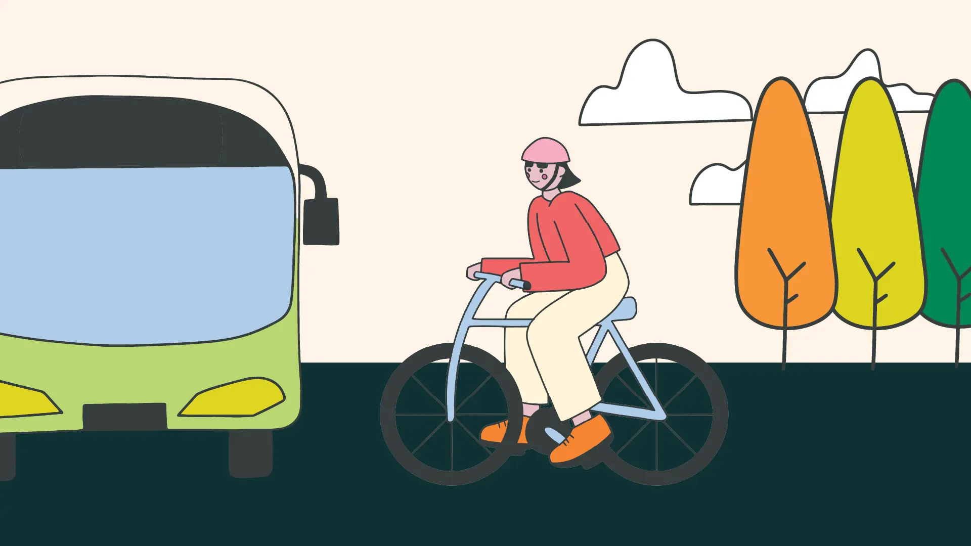Illustration of a person on a bike with bus in background