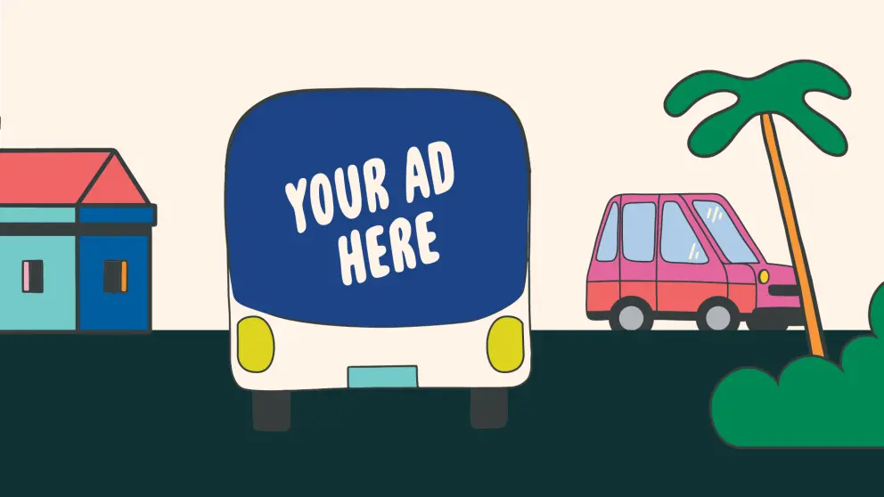 Illustration of a bus with advertising space on the back for sale