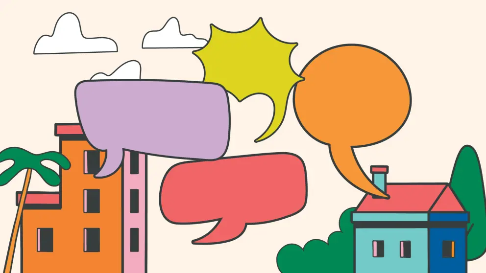 Illustration of a city-scape with speech bubbles