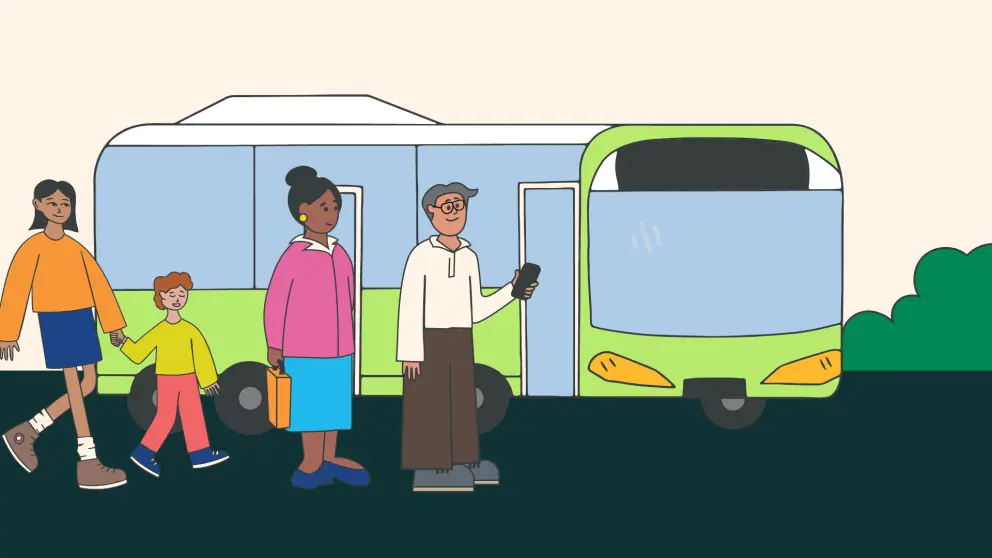 Illustration of people getting on a bus