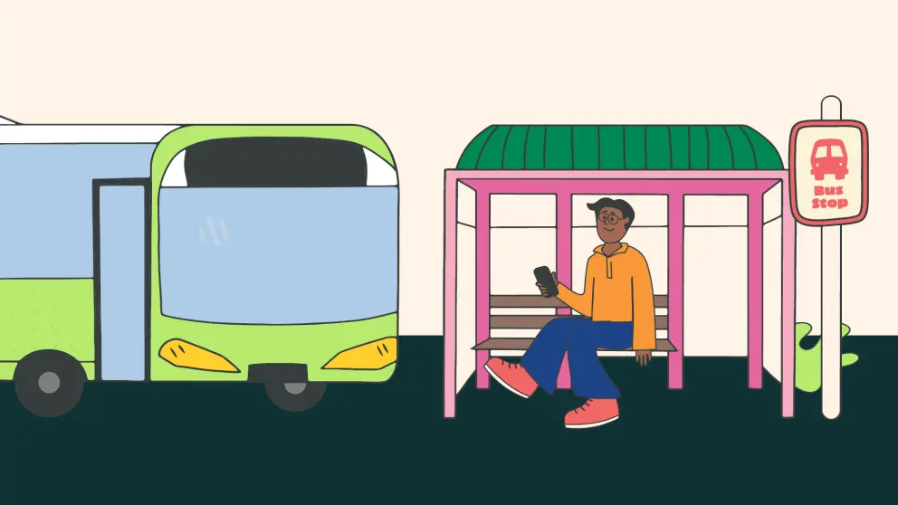 Illustration of a boy waiting for the bus at the bus stop