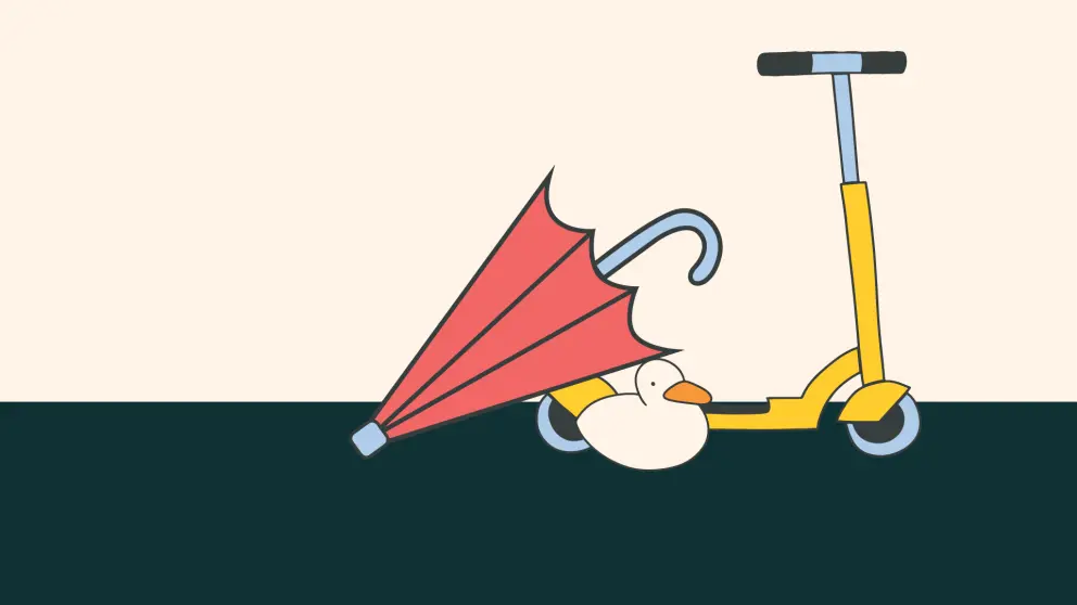 Illustration of lost property - umbrella, rubber duck and scooter