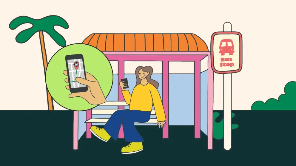 Illustration of a girl in a bus shelter using her cell phone to plan a bus journey
