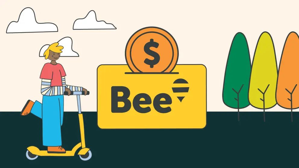 Illustration of girl onna scooter with a giant Bee Card having money loaded onto it