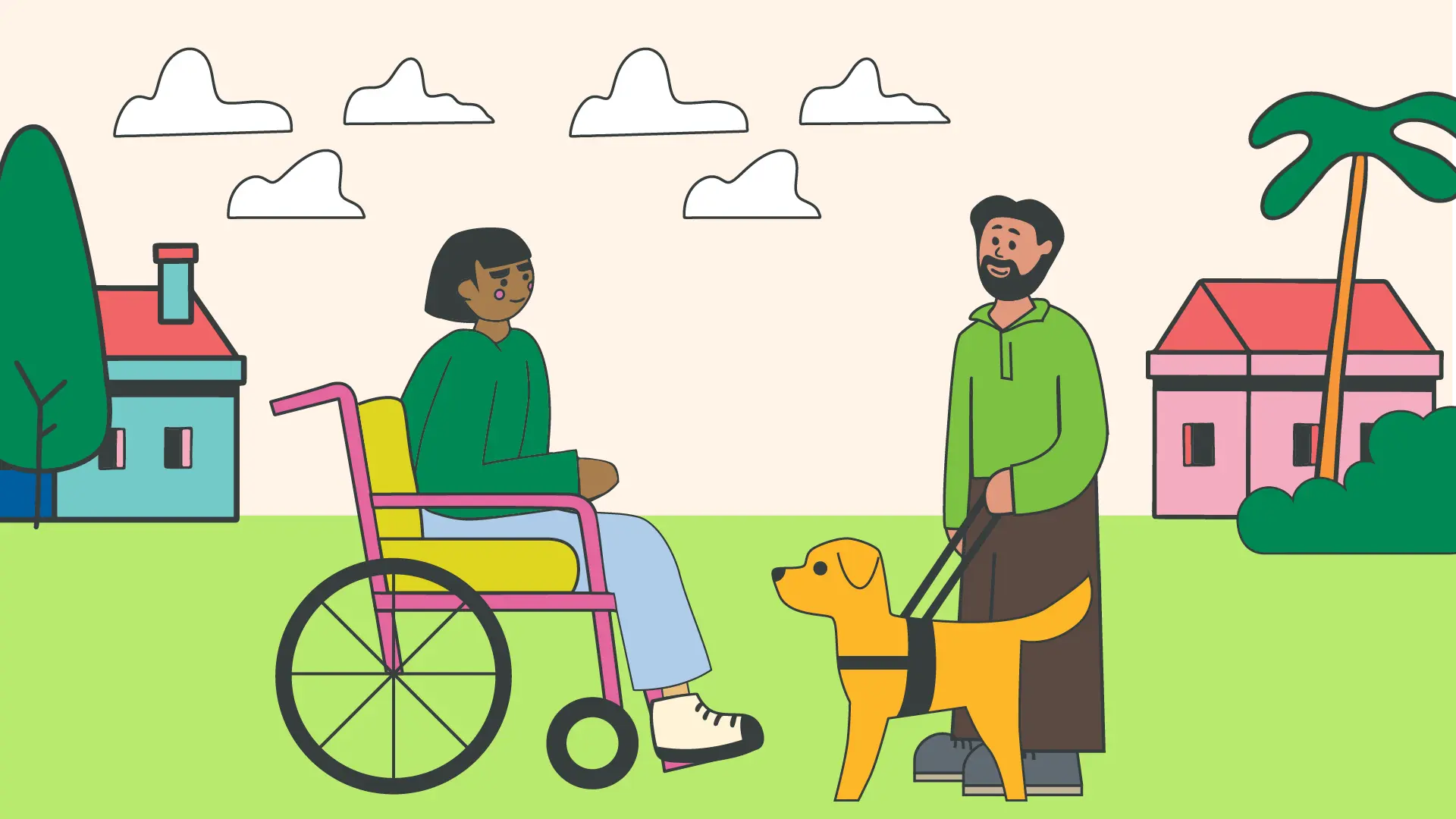 Illustration of person in a wheelchair and another with a service dog