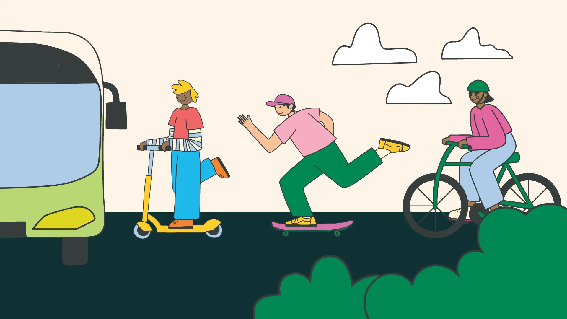 Illustration of a person on a scooter, another on a skateboard, and one on a bike